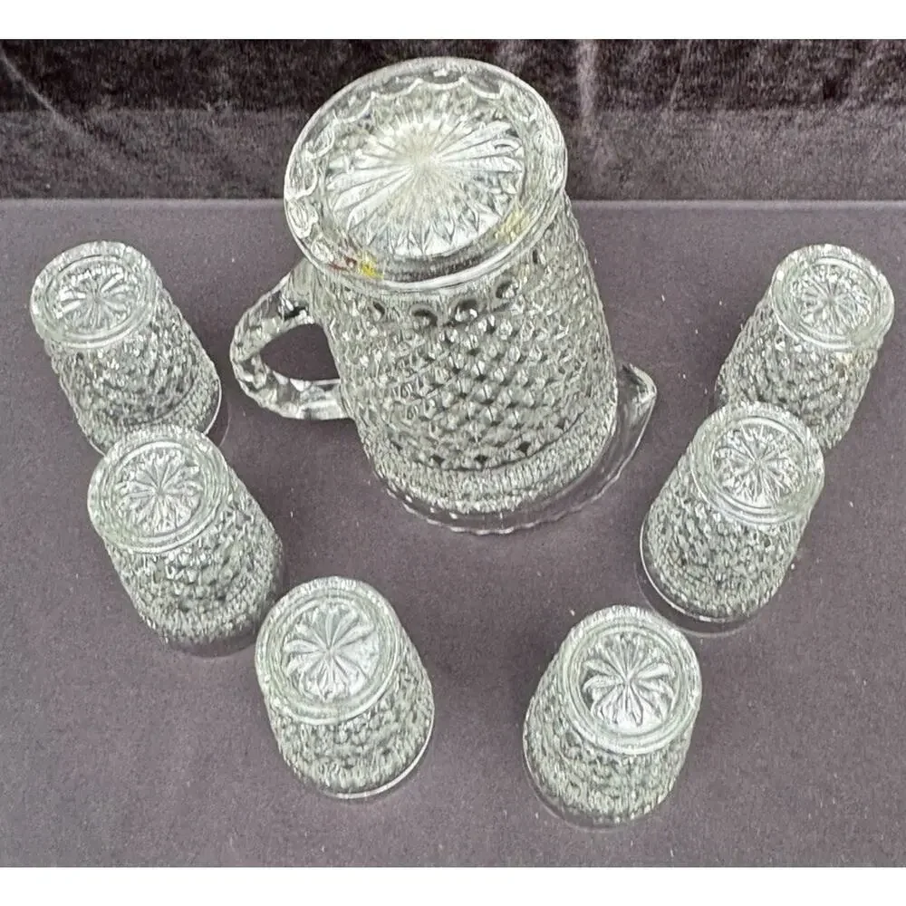 Anchor Hocking Wexford Diamond Cut Glass Vintage Pitcher & 6 Glasses EUC -8/28
